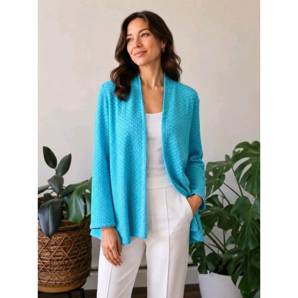 St. John Santana Knit Open Front Cardigan Jacket Wool Cashmere Textured Womens M